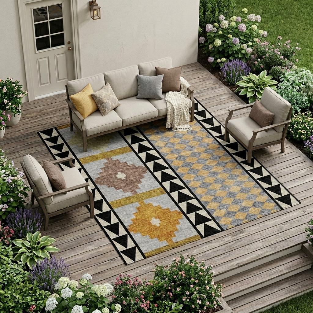 10' X 14' Black And Beige Southwestern Washable Indoor Outdoor Area Rug - Sports & Outdoor