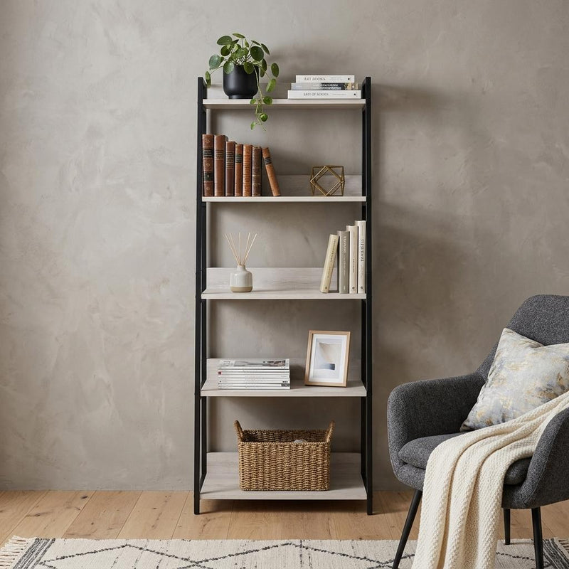 67" Natural and Black Metal Five Tier Ladder Bookcase - Office