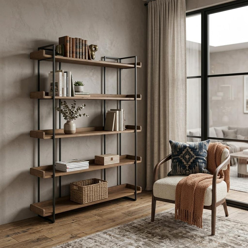 76" Brown and Black Metal and Wood Five Tier Bookcase - Office