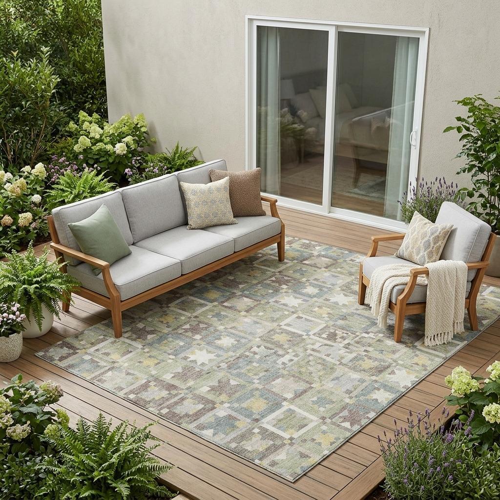 5' X 8' Green And Brown Patchwork Washable Indoor Outdoor Area Rug - Sports & Outdoor