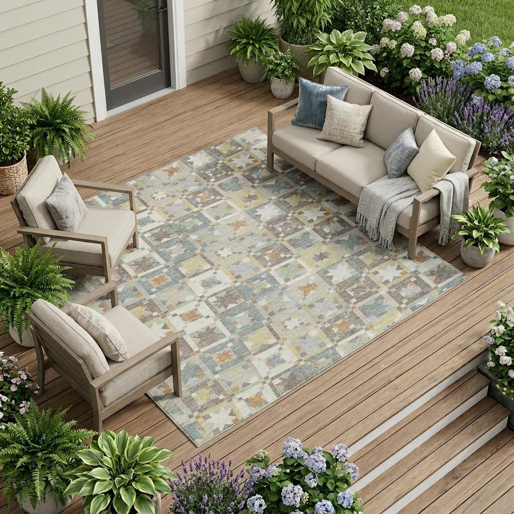 8' X 10' Ivory And Brown Patchwork Washable Indoor Outdoor Area Rug - Sports & Outdoor