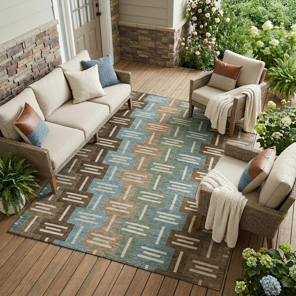 Multicolor geometric outdoor rug in blue, brown, and cream, paired with a cozy woven seating arrangement.