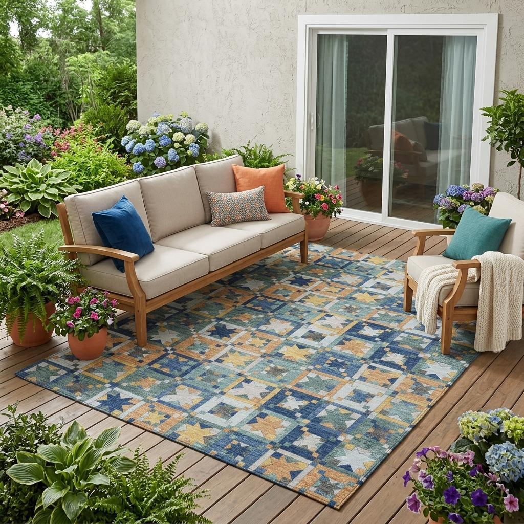 5' X 8' Teal Blue And Copper Patchwork Washable Indoor Outdoor Area Rug - Sports & Outdoor