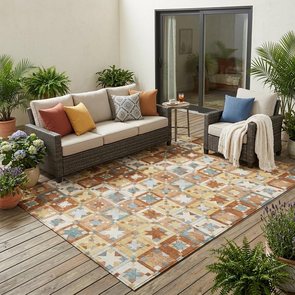 5' X 8' Orange And Copper Patchwork Washable Indoor Outdoor Area Rug - Sports & Outdoor