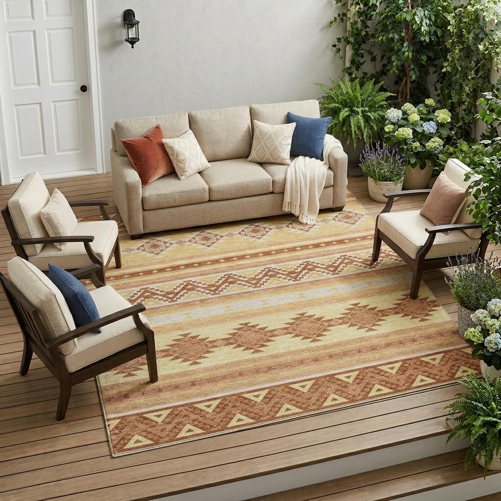 8' X 10' Gold And Copper Southwestern Washable Indoor Outdoor Area Rug - Sports & Outdoor