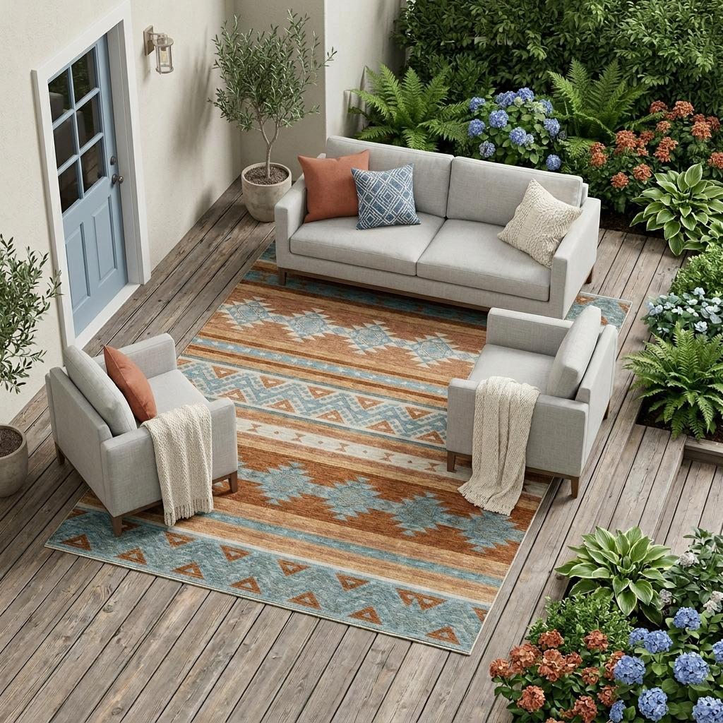 8' X 10' Orange And Copper Southwestern Washable Indoor Outdoor Area Rug - Outdoor