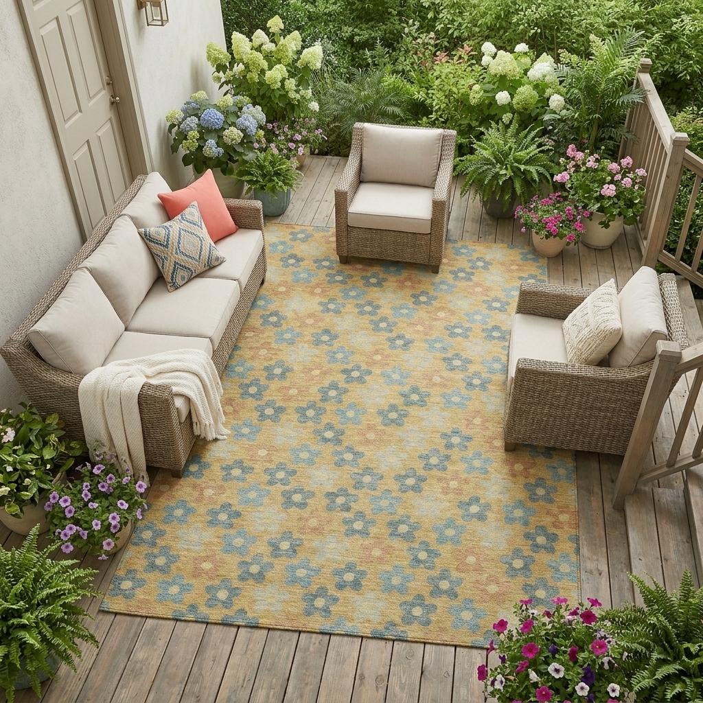 10' X 14' Gold And Copper Floral Washable Indoor Outdoor Area Rug - Sports & Outdoor