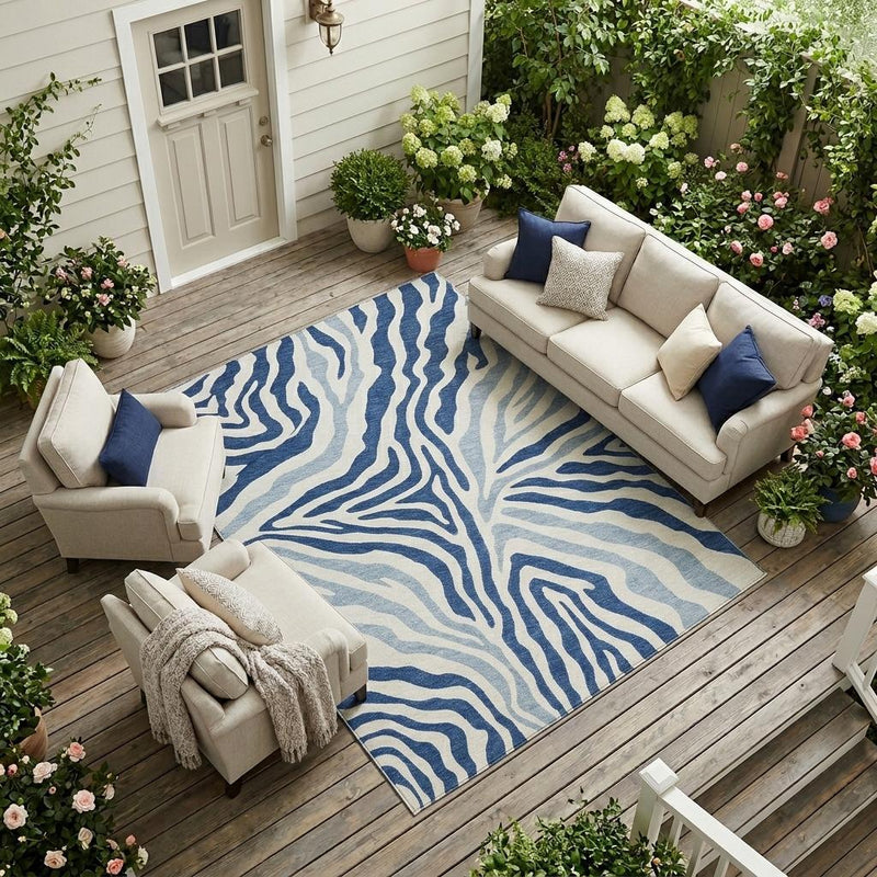 Navy and ivory zebra stripe area rug displayed with full pattern visible