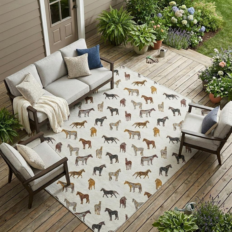 Ivory indoor outdoor area rug with scattered multicolor horse pattern