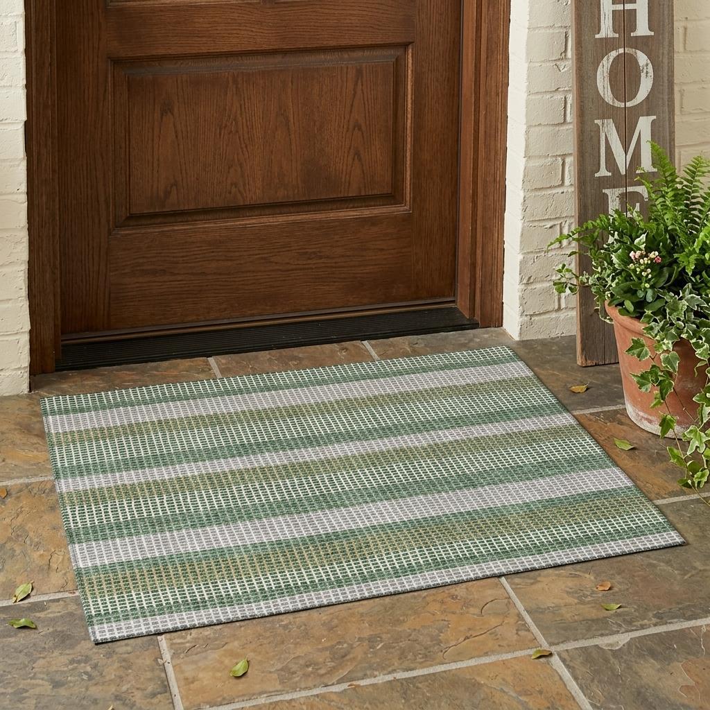 3' X 5' Green And Ivory Striped Washable Indoor Outdoor Area Rug - Outdoor | blocked-out-of-stock, Outdoor, sync-blocked