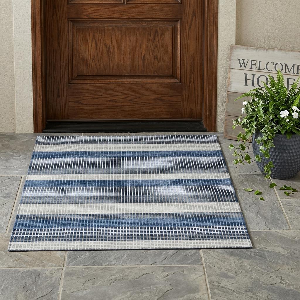 3' X 5' Navy Blue And Ivory Striped Washable Indoor Outdoor Area Rug - Outdoor | blocked-out-of-stock, Outdoor, sync-blocked