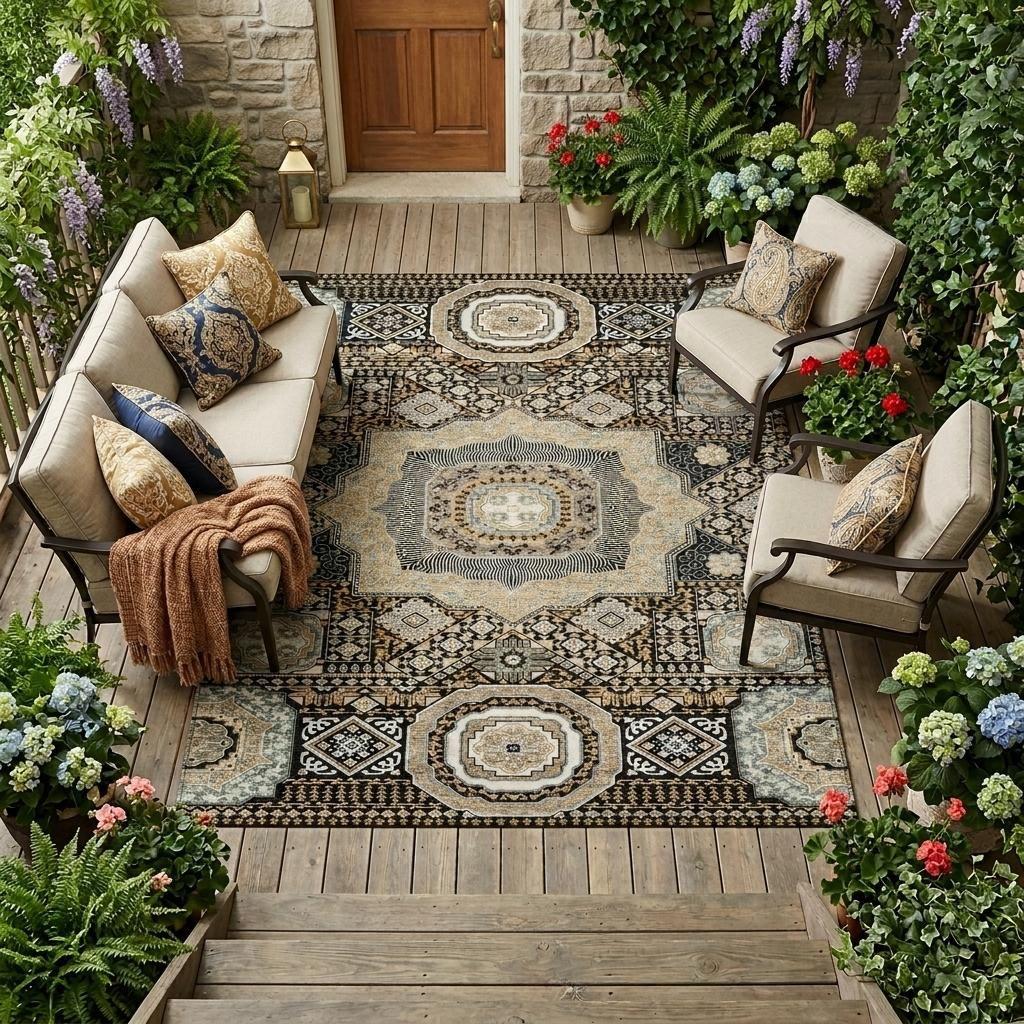 8' X 10' Black And Ivory Oriental Washable Indoor Outdoor Area Rug - Sports & Outdoor