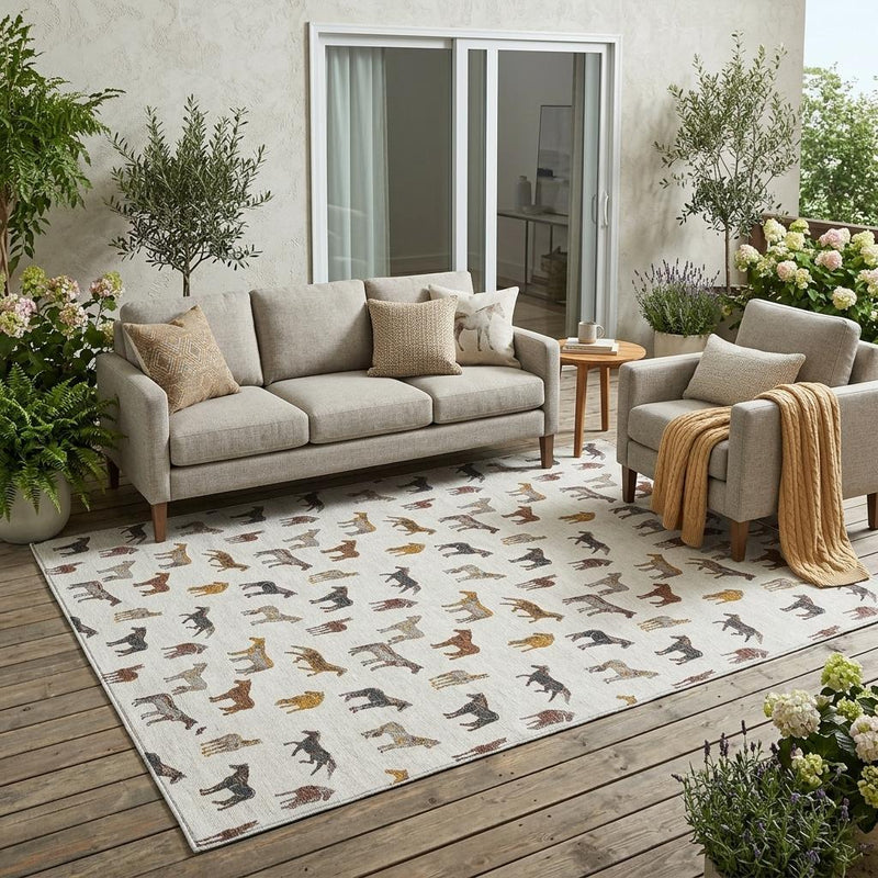 Ivory horse area rug with brown and gold silhouettes, rectangular