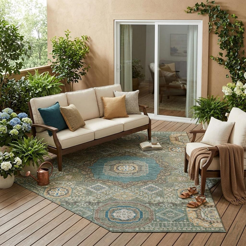 Teal and tan oriental area rug on floor with circular medallion and scroll details