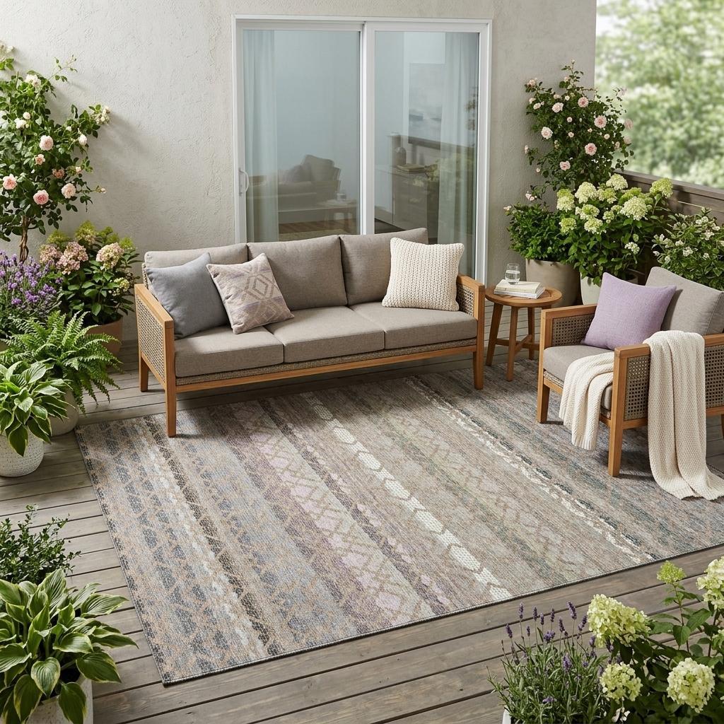 Gray woven area rug with pastel stripes, perfect for outdoor patios, complemented by a modern wooden sofa set.