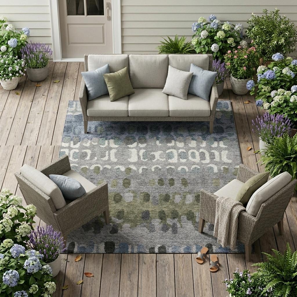 9' X 12' Blue And Gray Geometric Washable Indoor Outdoor Area Rug - Outdoor