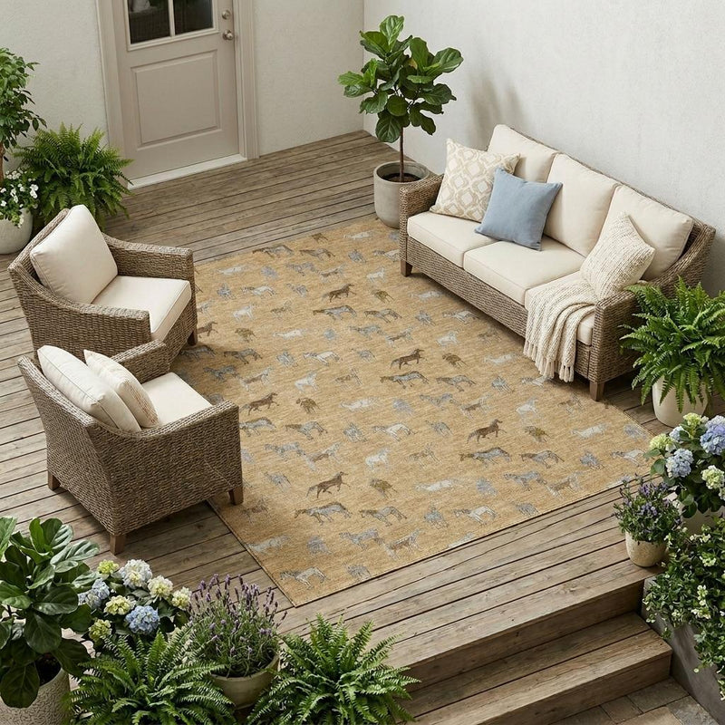 Gold and beige horse-print indoor outdoor area rug