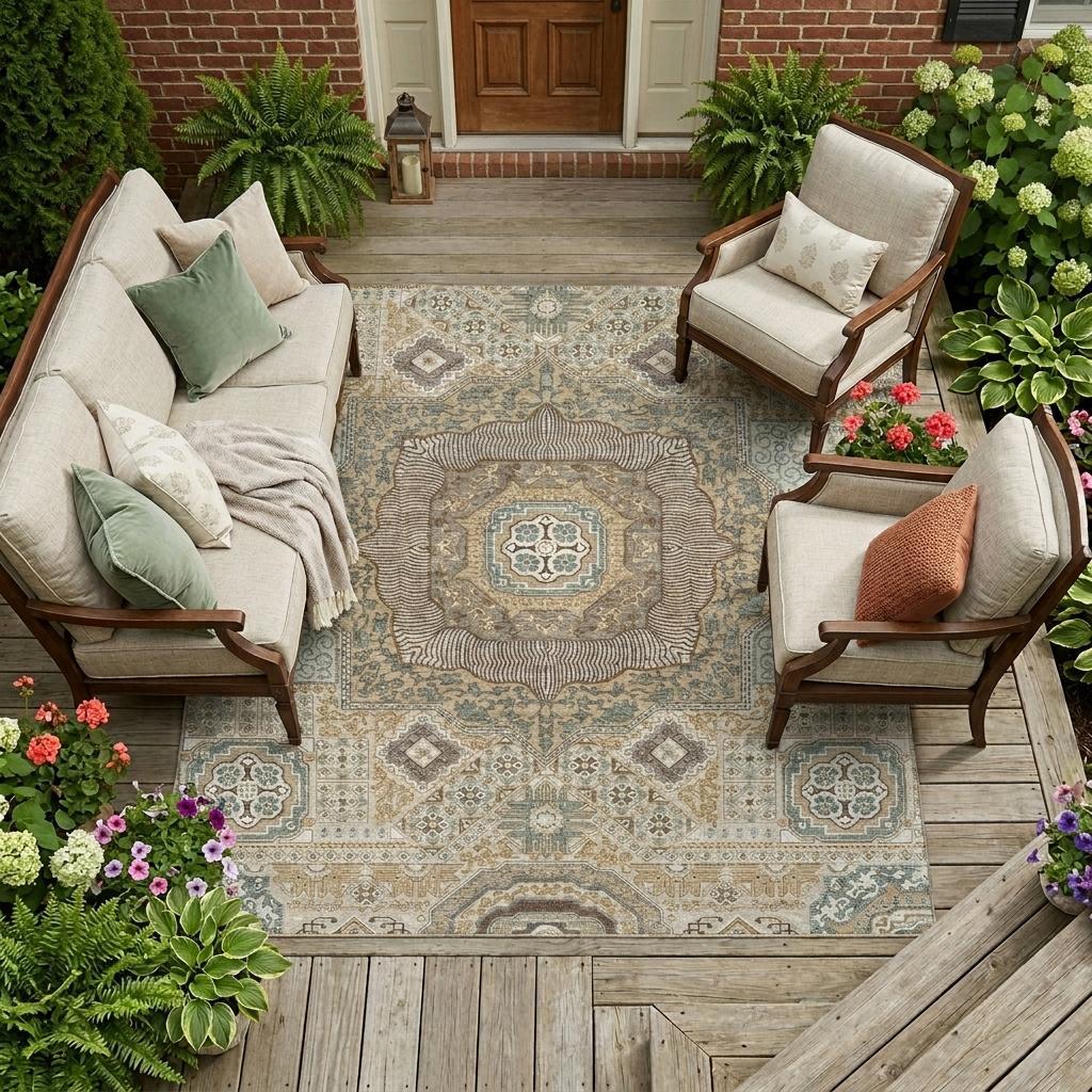 8' X 10' Beige And Ivory Oriental Washable Indoor Outdoor Area Rug - Sports & Outdoor