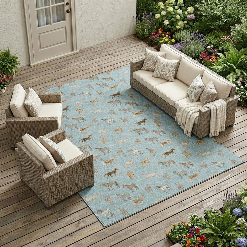 Outdoor patio area rug, blue with beige horse pattern beneath seating.