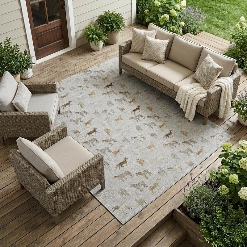Indoor outdoor area rug with horse pattern in silver-gray and beige accents