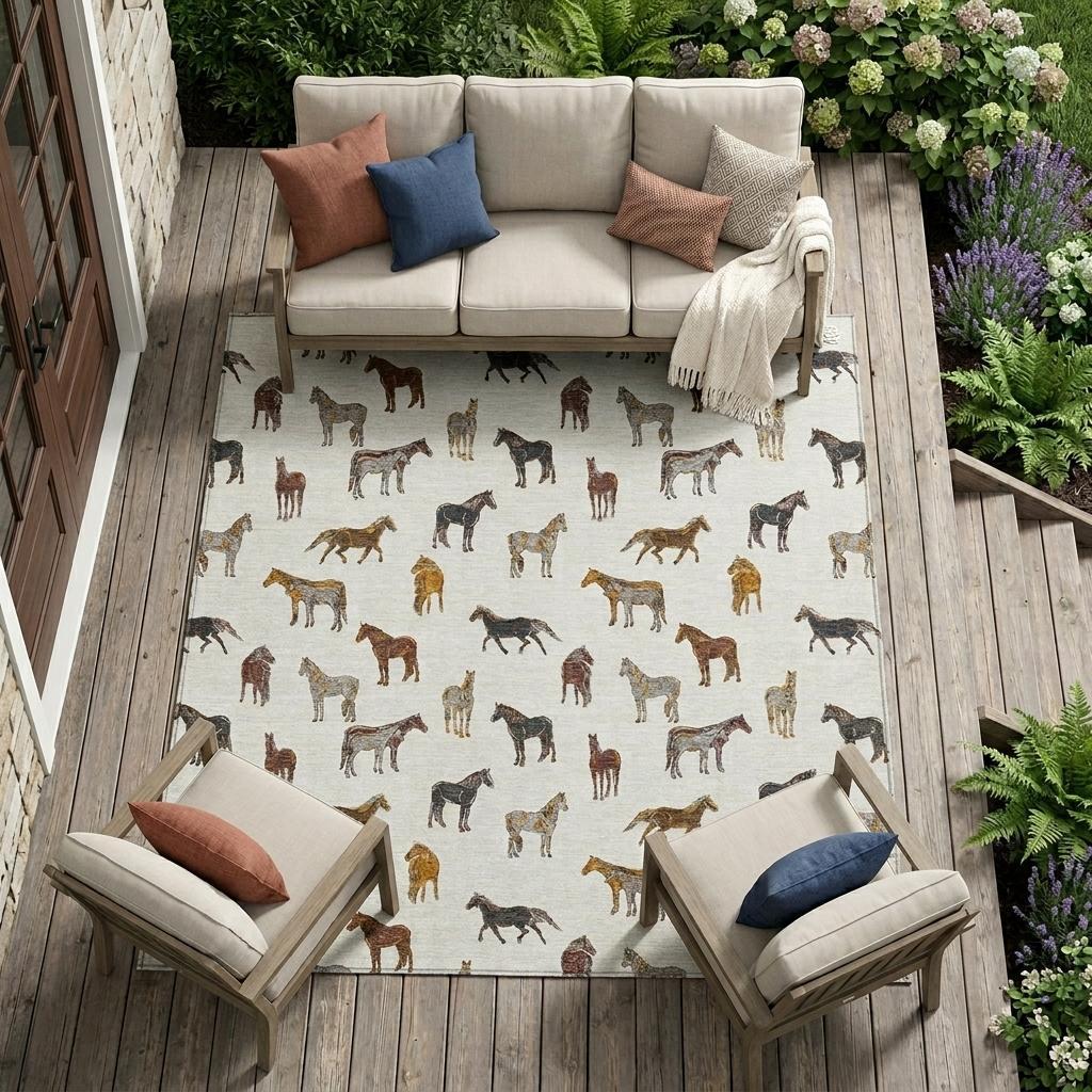 10' X 14' Ivory And Gold Horse Washable Indoor Outdoor Area Rug - Sports & Outdoor