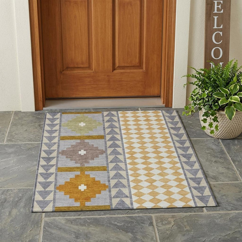 Southwestern geometric area rug, rectangular, gray and beige with mustard medallion panel