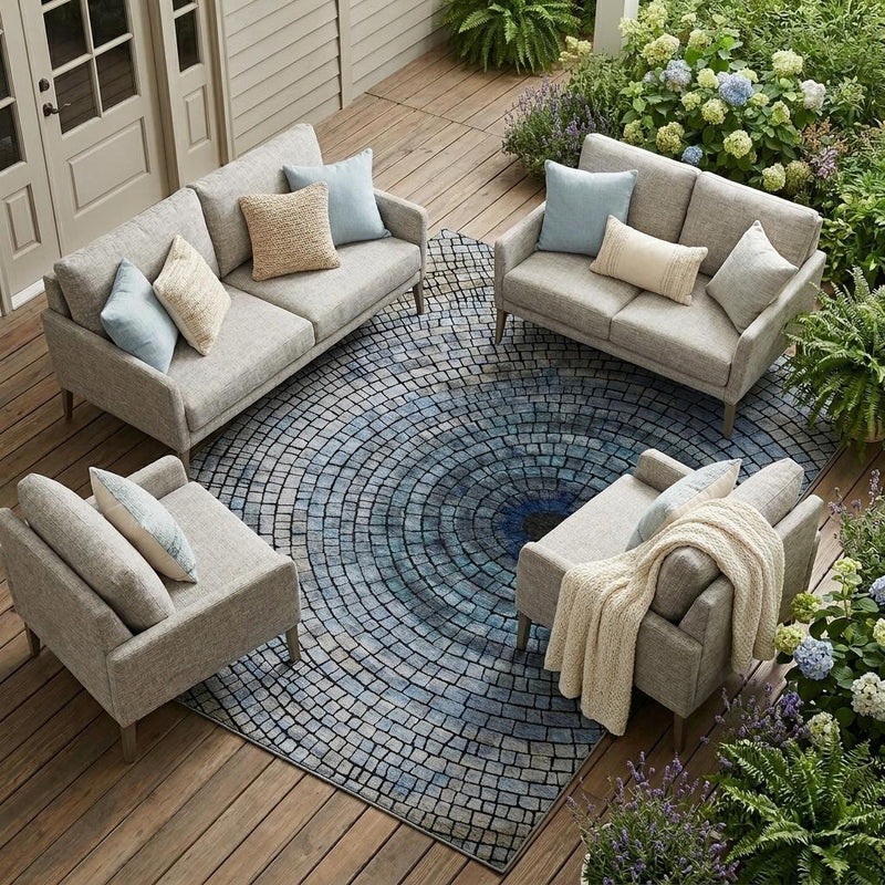 Denim blue geometric area rug featuring a circular brick grid spiral pattern