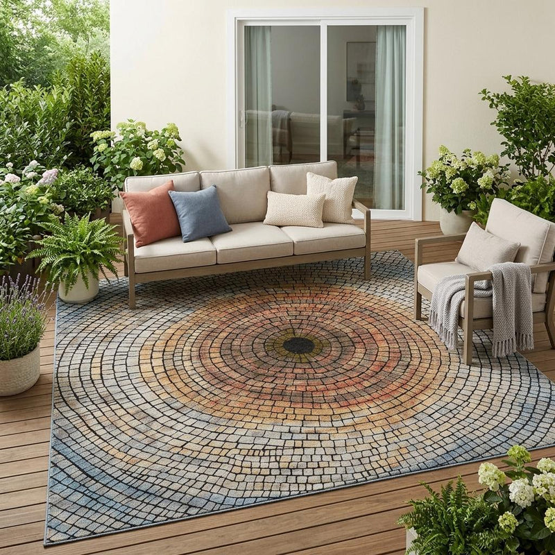 Geometric area rug with circular mosaic pattern in copper-orange and light gray