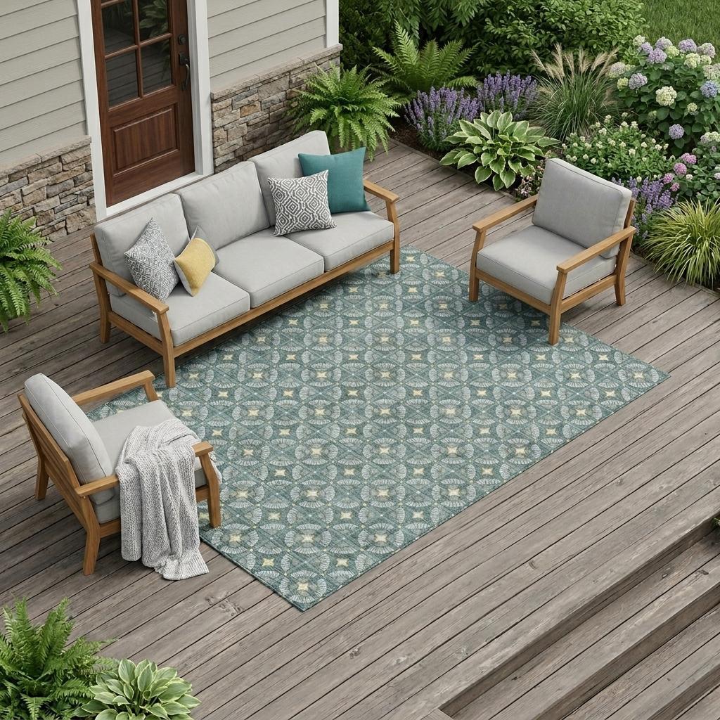 Gray outdoor sofa set with wooden accents, featuring a patterned blue area rug, on a deck surrounded by greenery.