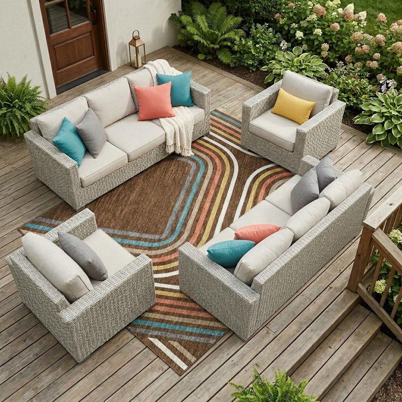 Geometric indoor outdoor area rug with brown and ivory wavy pattern, teal and multicolor accents