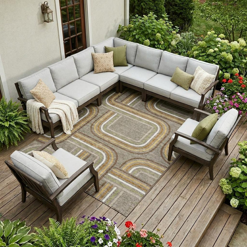 Geometric area rug with taupe base and multicolor wavy stripe pattern