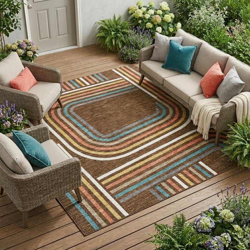 Geometric area rug with multicolor wave stripes, brown field, and ivory outline