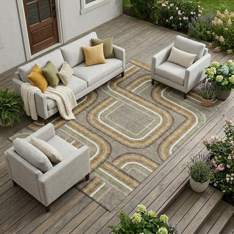 Geometric area rug with taupe ground and multicolor stripe pattern with ivory accents