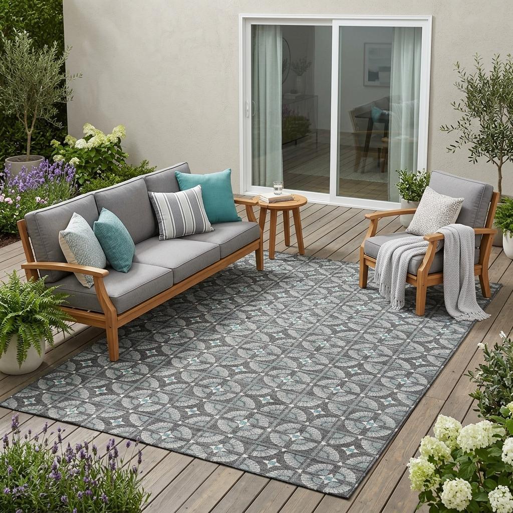 5' X 8' Charcoal And Silver Geometric Washable Indoor Outdoor Area Rug - Sports & Outdoor