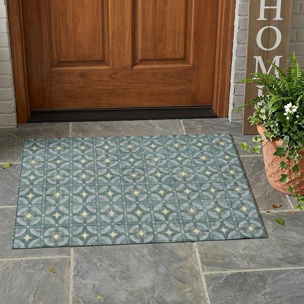 3' X 5' Teal Blue And Sky Blue Geometric Washable Indoor Outdoor Area Rug - Sports & Outdoor