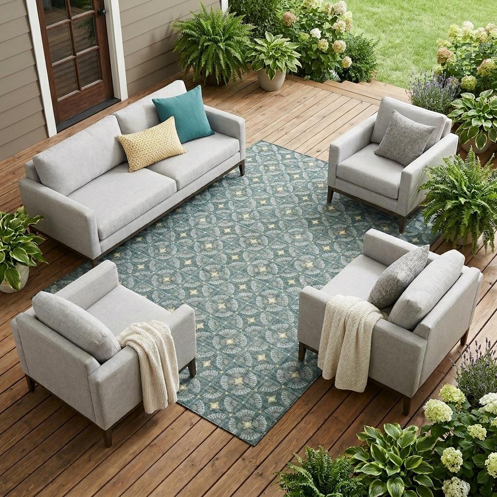 10' X 14' Teal Blue And Sky Blue Geometric Washable Indoor Outdoor Area Rug - Sports & Outdoor