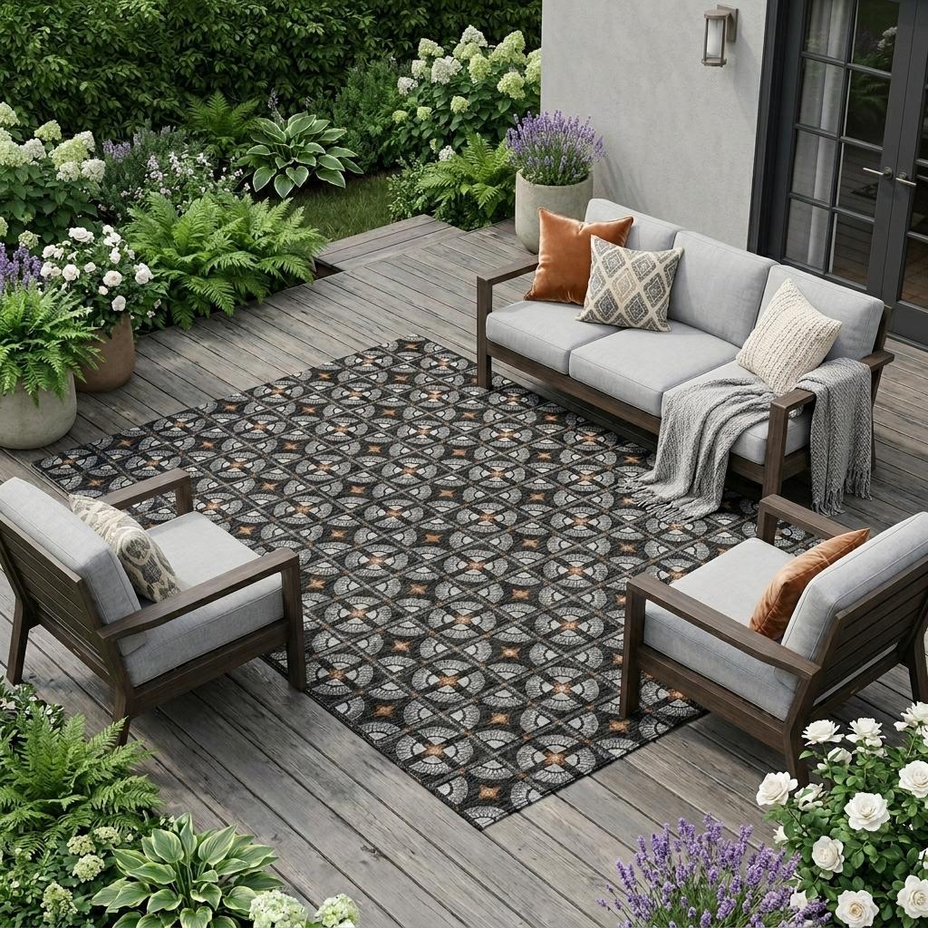 Geometric black and cream outdoor rug, 5x7 ft, enhancing a stylish patio with gray furniture and potted greenery.