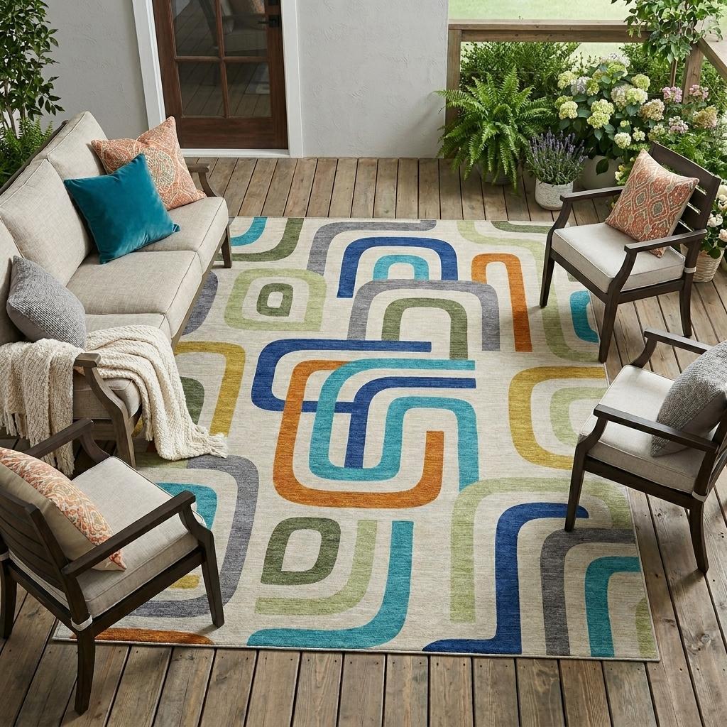 8' X 10' Beige And Green Geometric Washable Indoor Outdoor Area Rug - Outdoor | blocked-out-of-stock, Outdoor, sync-blocked