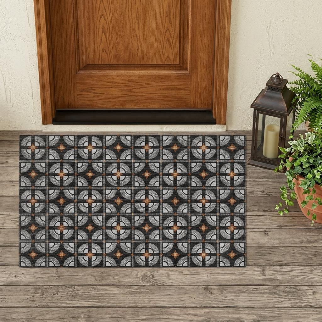 3' X 5' Black And Silver Geometric Washable Indoor Outdoor Area Rug - Sports & Outdoor