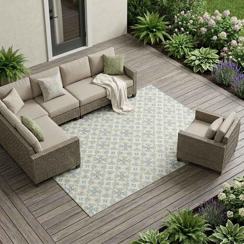 Beige outdoor sectional sofa with green accents, set on a patterned area rug, surrounded by lush greenery.
