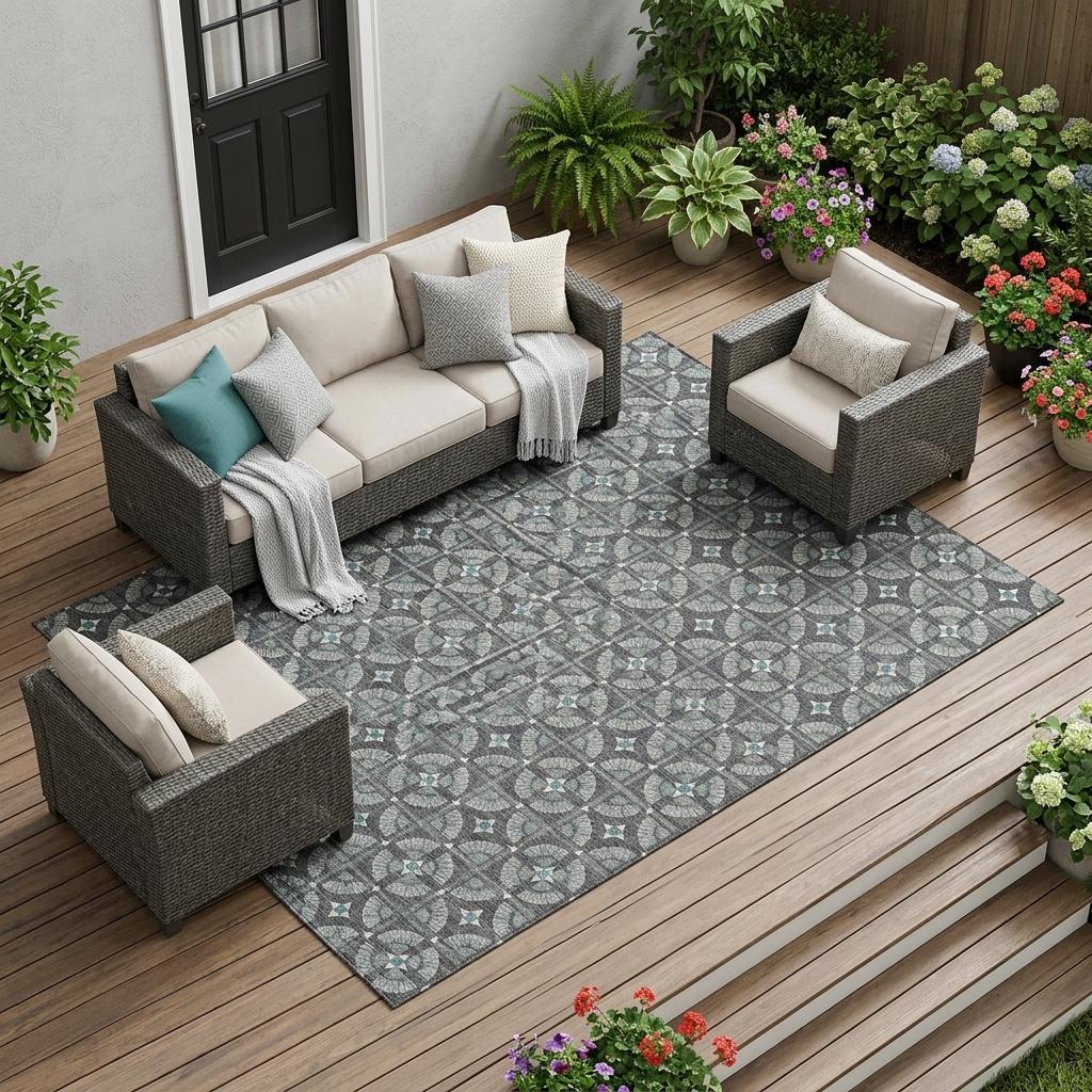 8' X 10' Charcoal And Silver Geometric Washable Indoor Outdoor Area Rug - Sports & Outdoor