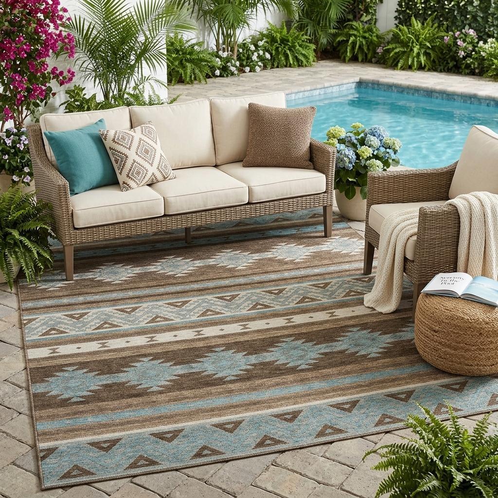 5' X 8' Chocolate And Teal Blue Southwestern Washable Indoor Outdoor Area Rug - Outdoor | blocked-missing-media,…