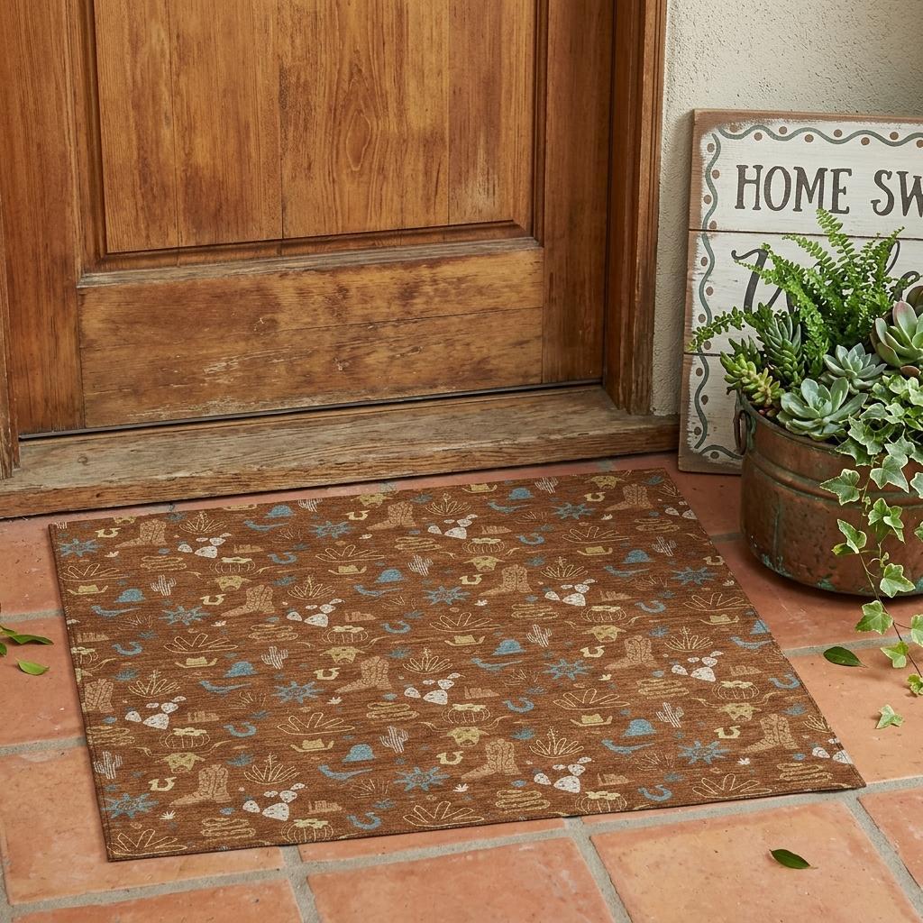 3' X 5' Orange And Copper Cactus Washable Indoor Outdoor Area Rug - Sports & Outdoor
