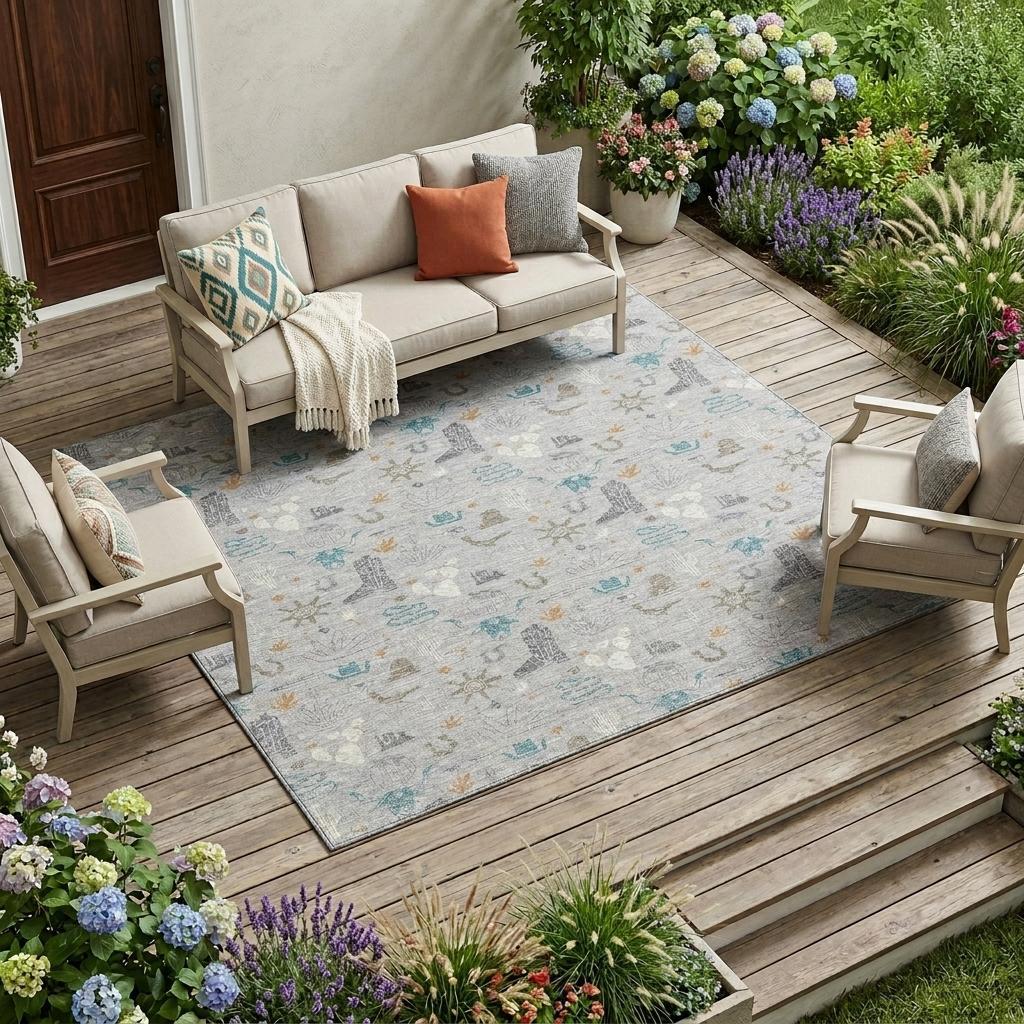 8' X 10' Silver And Teal Blue Cactus Washable Indoor Outdoor Area Rug - Sports & Outdoor