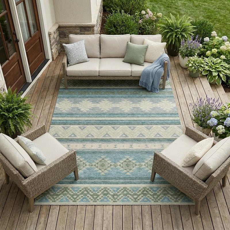 Teal blue and beige indoor outdoor area rug with geometric motifs in a lounge setting.
