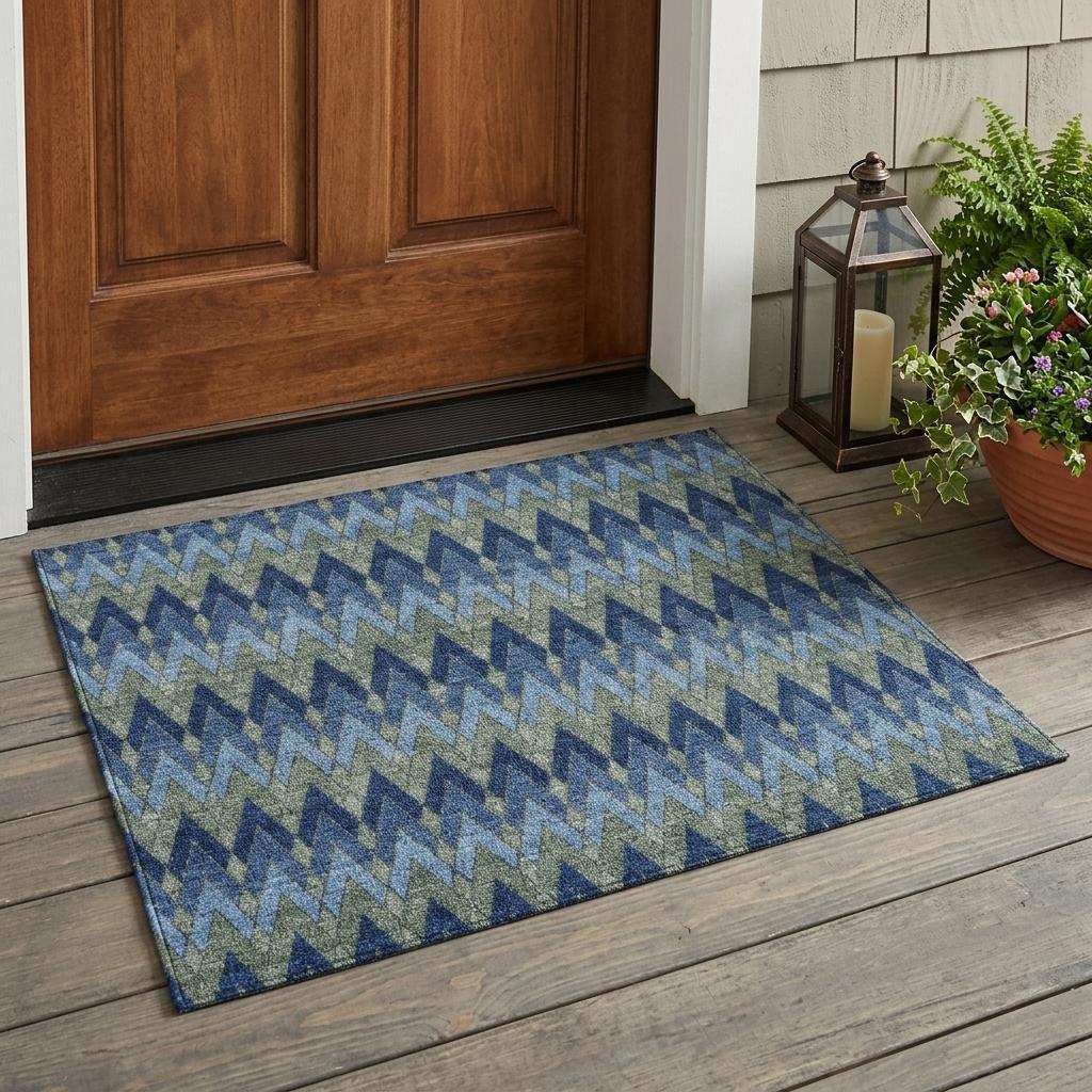 3' X 5' Navy Blue And Green Geometric Washable Indoor Outdoor Area Rug - Sports & Outdoor