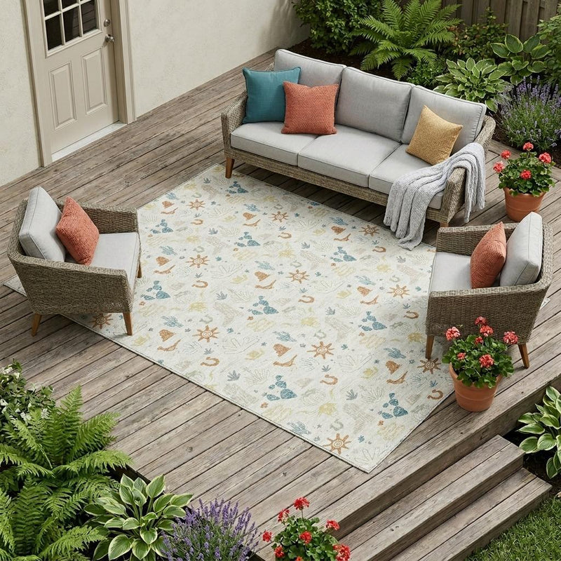Ivory desert motif area rug with cactus, sun, and plant icons in a patio seating area