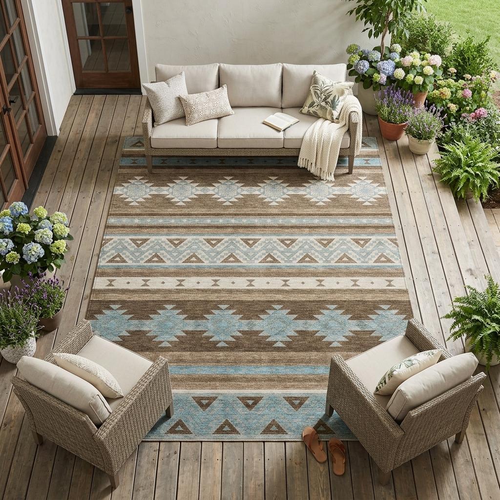 8' X 10' Chocolate And Teal Blue Southwestern Washable Indoor Outdoor Area Rug - Sports & Outdoor