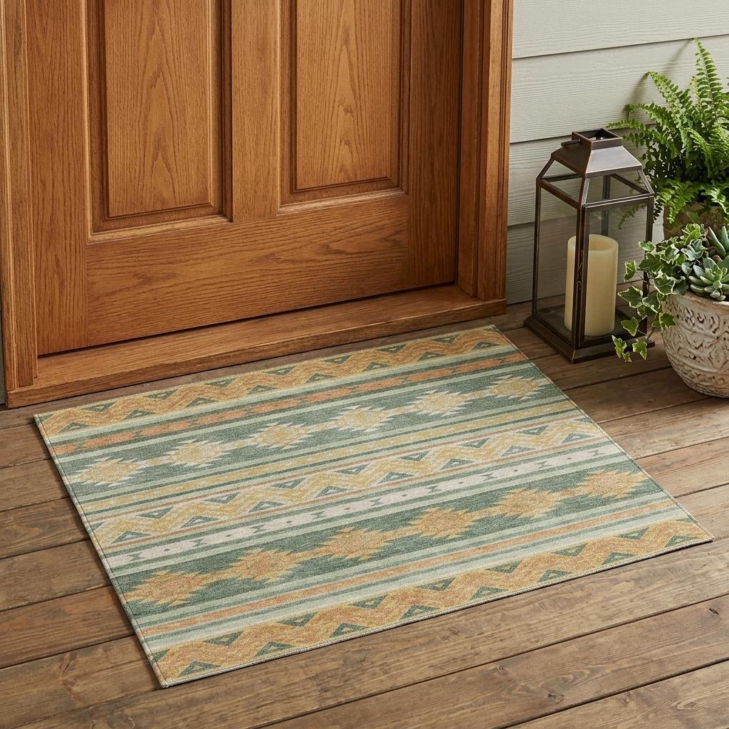 3' X 5' Green And Gold Southwestern Washable Indoor Outdoor Area Rug - Sports & Outdoor