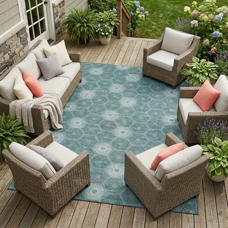Teal blue geometric area rug with ivory medallions and hexagon motifs, washable indoor/outdoor